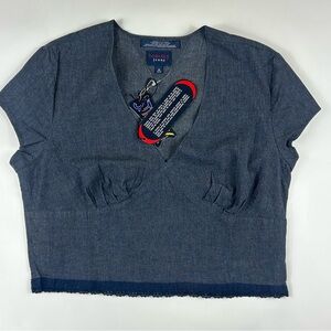 Vintage Y2k Tommy Jeans Womens M Crop Top Lace Stretch Babydoll Short Sleeve